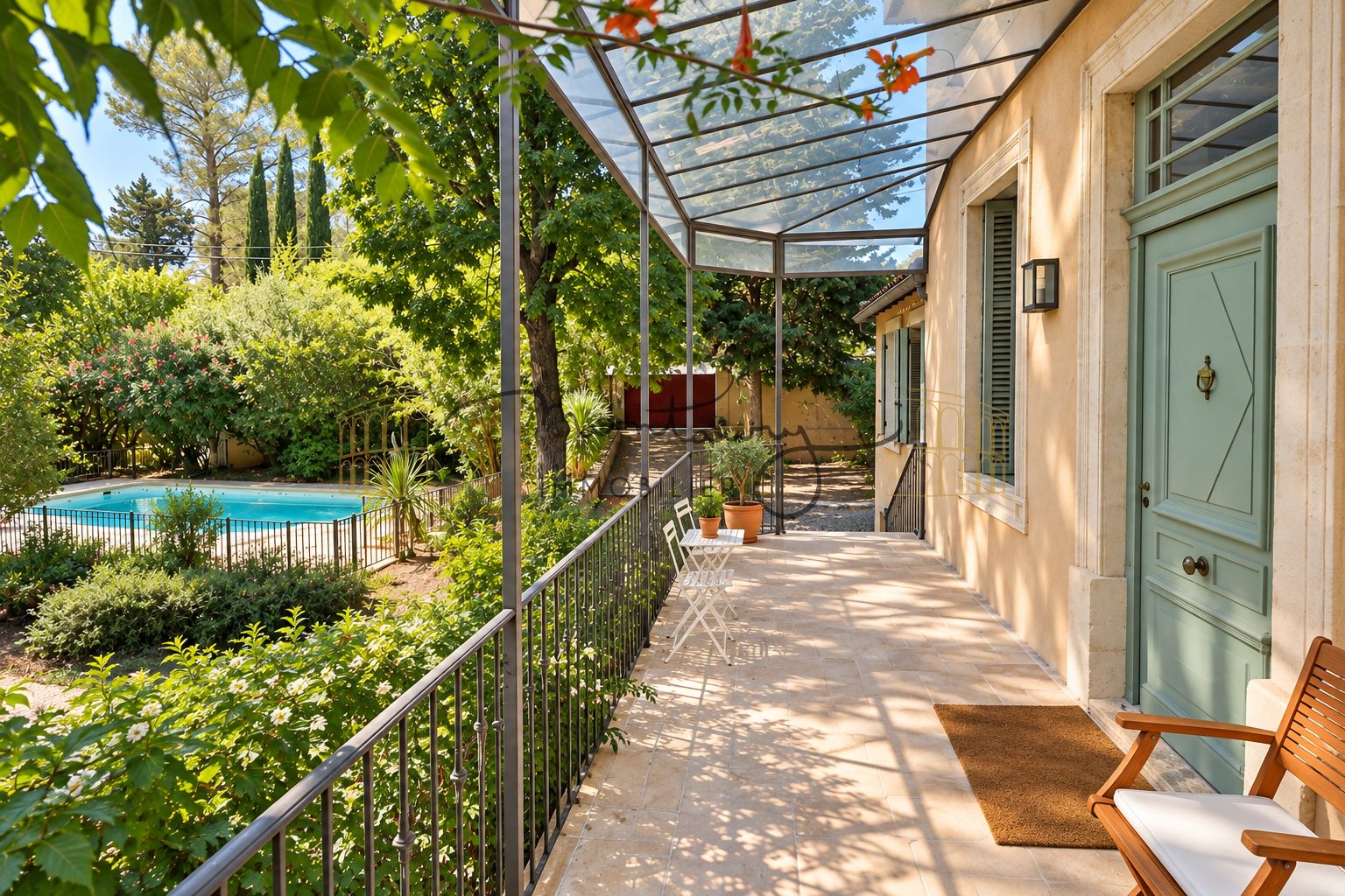 Galerie extérieure sous une verrière, le long de la façade, avec vue sur le jardin et la piscine.